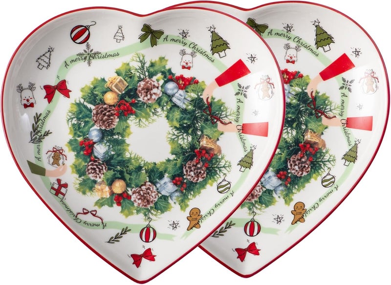 fMSDD 8 Inch Heart Shape Plate with Christmas Pattern, New Bone China for Serving Appetizer, Cake, Candy and Holiday Dish, for Holiday Table, Christmas Party or Festival Celebration, Set of 2, Green Wreath - Image 1